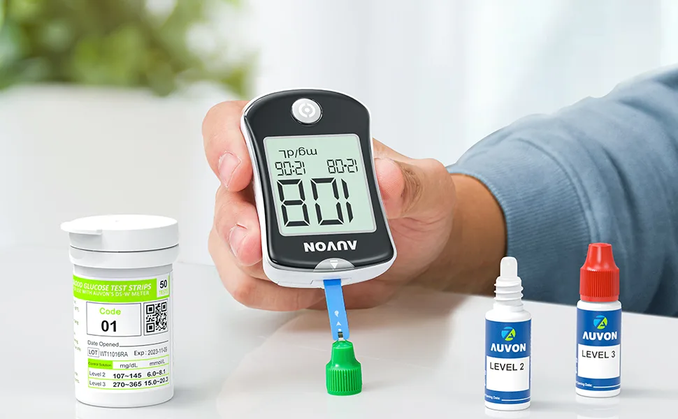 AUVON Blood Control Solution for Glucose Monitor Kit and Test Strips, 2 Pack Level 2 & Level 3 Accurate Diabetes Control Solution for Accuracy Checking (3 ml per Bottle) - blood glucose control solutions