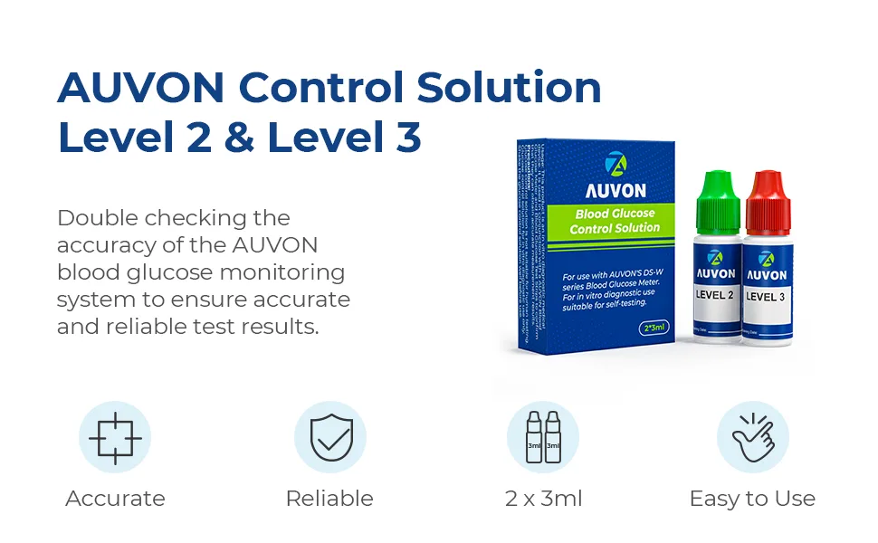 AUVON Blood Control Solution for Glucose Monitor Kit and Test Strips, 2 Pack Level 2 & Level 3 Accurate Diabetes Control Solution for Accuracy Checking (3 ml per Bottle) - diabetes control solution