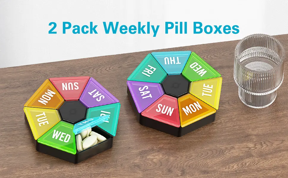 7 Day Pill Organizer, Barhon 2 Pack Large Weekly Pill Box Cases, Portable Daily Vitamin Container for Medicine Supplements Fish Oil (Black) Black 2 Pack - weekly pill organizer