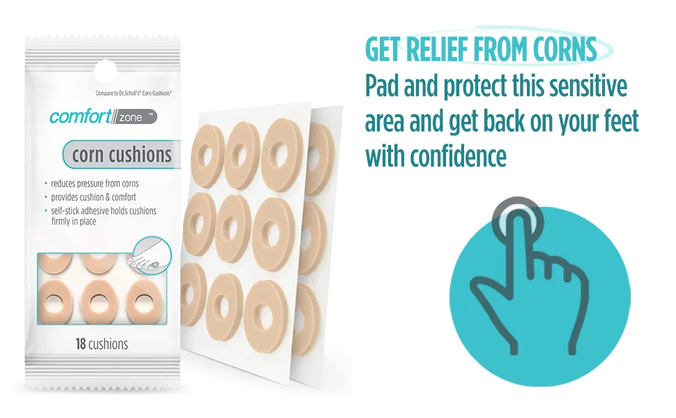 Comfort Zone Corn Cushions, Self-Stick Adhesive Cushions to Pad and Reduce Pressure from Corns, 18 Count - Get Relief from Corns