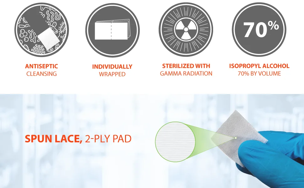 EasyTouch Gamma-Sterilized Alcohol Prep Pads, Box of 200 200 Count (Pack of 1) - Antiseptic cleansing, individually wrapped, sterilized with gamma radiation. spun lace, 2-ply pad