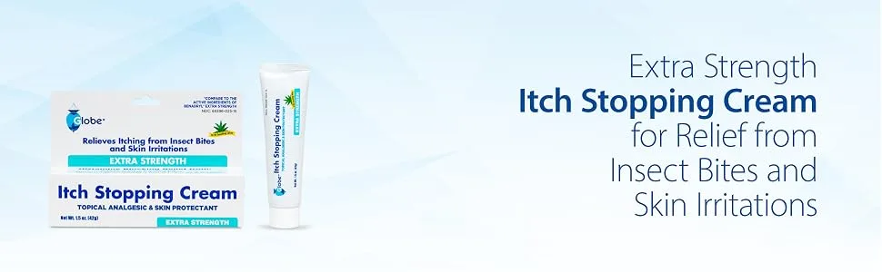 Globe (2 Pack) Extra Strength Itch Stopping Anti-Itch Cream 1.5 Oz with Histamine Blocker, Diphenhydramine HCl Topical Analgesic - Globe Itch Stopping Cream
