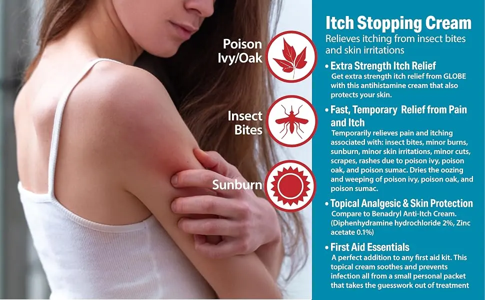 Globe (2 Pack) Extra Strength Itch Stopping Anti-Itch Cream 1.5 Oz with Histamine Blocker, Diphenhydramine HCl Topical Analgesic - Itch Stopping Cream