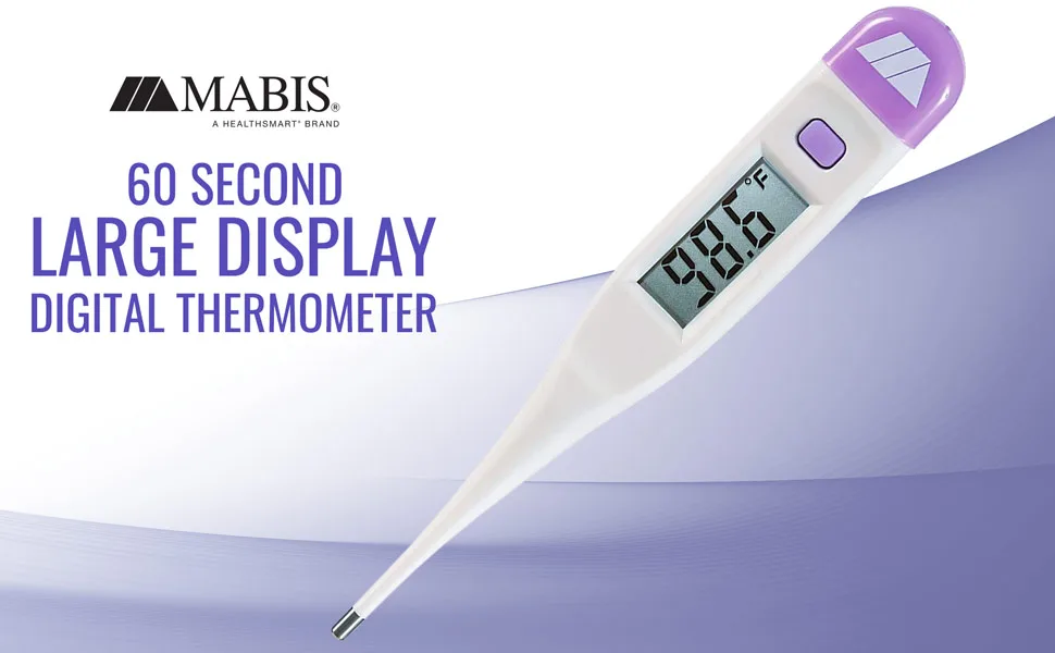 MABIS Digital Thermometer for Babies, Children and Adults for Oral, Rectal or Underarm Use Clinically Accurate Within 60 Seconds, Purple - Mabis 60 Second Large Display Digital Thermometer