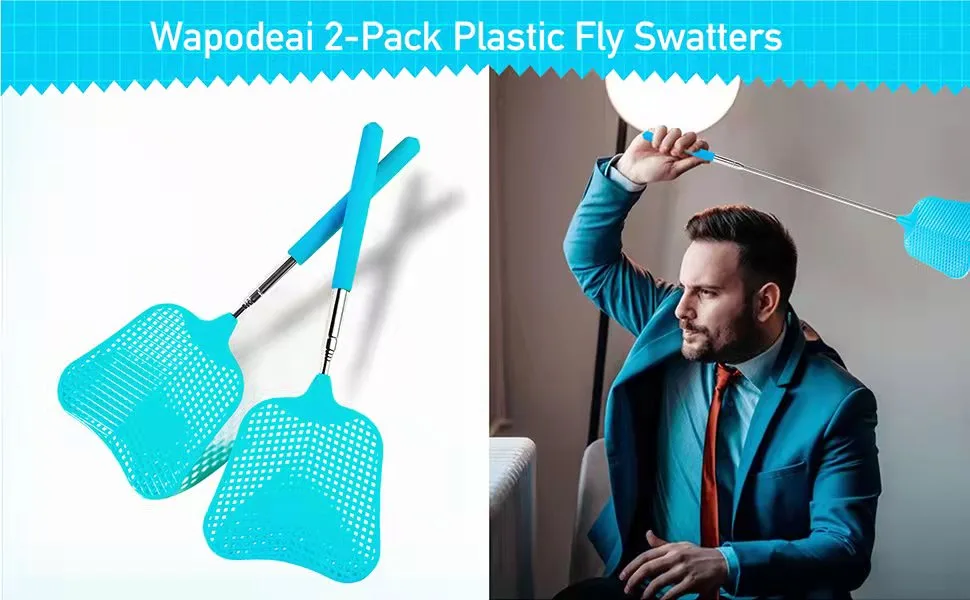 Wapodeai 2 Pack Fly Swatters Heavy Duty Set, Fly Swatter, Telescopic Fly Swatters, Stainless Steel Handle for Flyswatter. (Blue) - Fly Swatter