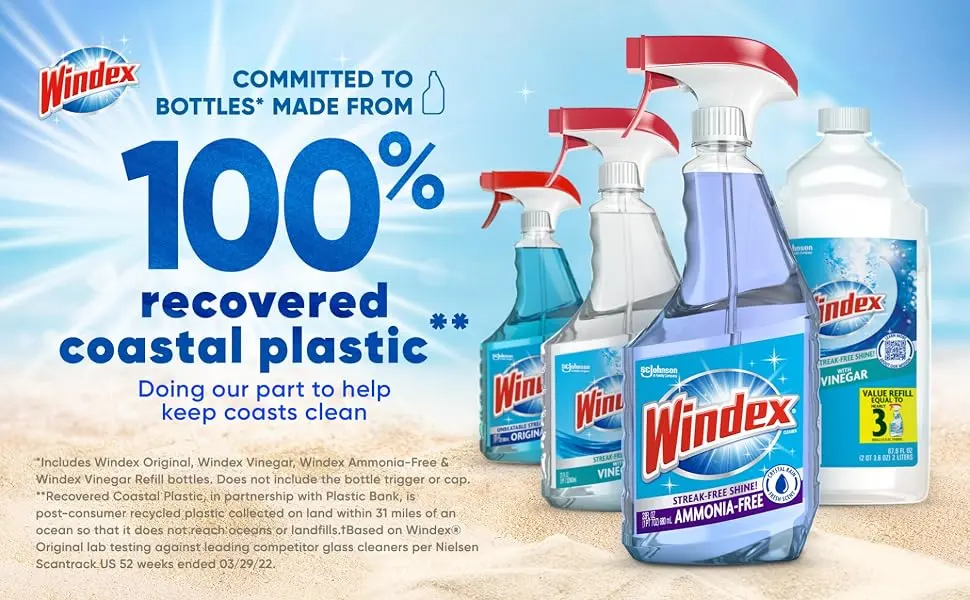 Windex Ammonia-Free Glass and Window Cleaner Spray Bottle, Bottle Made from 100% Recovered Coastal Plastic, Crystal Rain Scent, 23 Fl Oz - 100% recovered coastal plastic