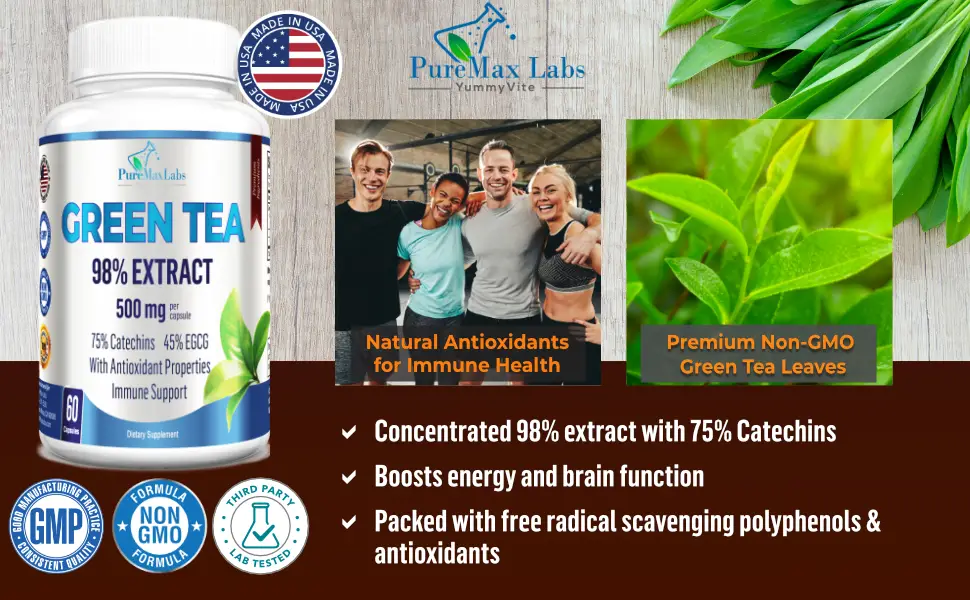 YUMMYVITE Green Tea Extract 98% - 3X Strength, 75% Polyphenol Catechins, 45% EGCG, Super Antioxidant - 60 Capsules - Green Tea