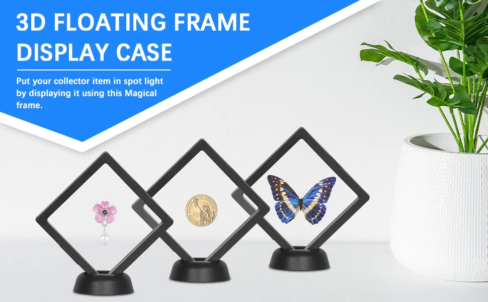 DisplayGifts 3D Floating Frame Transparent Flexible Shadow Box Medallion Medal Challenge Coin Chip Display Case Stand Holder Magic Suspension Box Black-Rectangular Shape - product information 1