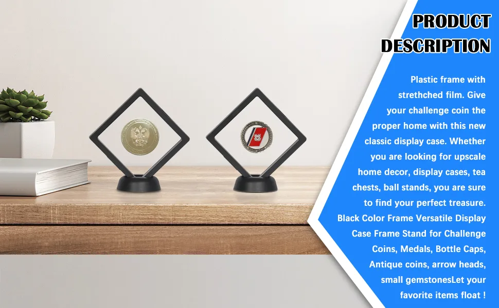 DisplayGifts 3D Floating Frame Transparent Flexible Shadow Box Medallion Medal Challenge Coin Chip Display Case Stand Holder Magic Suspension Box Black-Rectangular Shape - product information 2