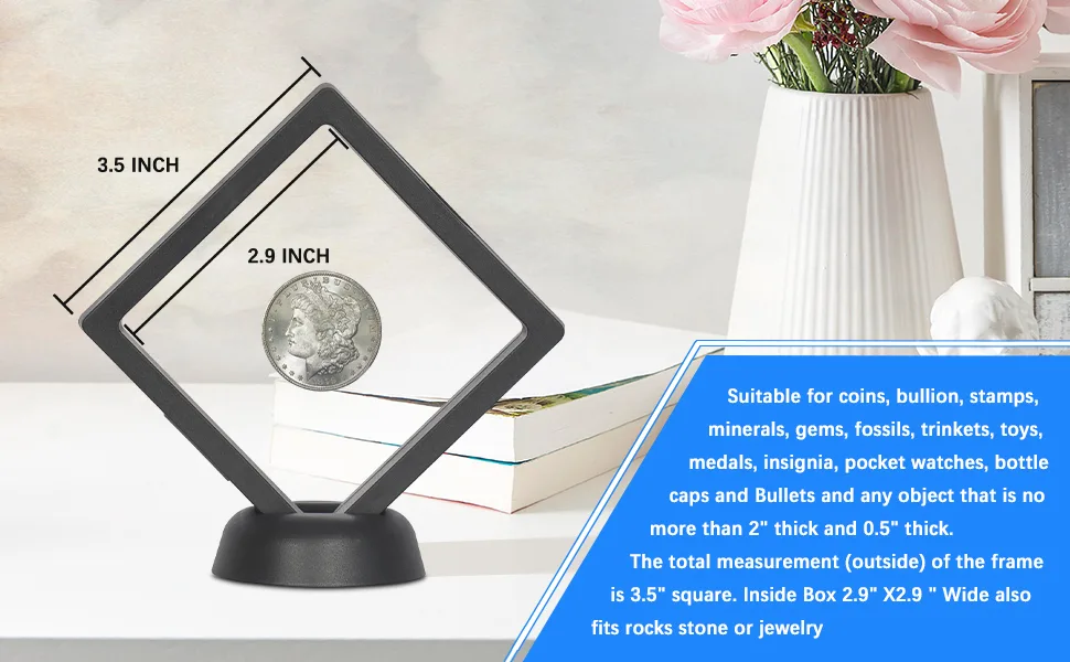 DisplayGifts 3D Floating Frame Transparent Flexible Shadow Box Medallion Medal Challenge Coin Chip Display Case Stand Holder Magic Suspension Box Black-Rectangular Shape - product information 4