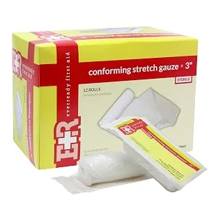 Ever Ready First Aid Sterile Conforming Gauze Roll Bandage - 12 Count (Pack of 1) 3 Inch (Pack of 12) - box and gauze image