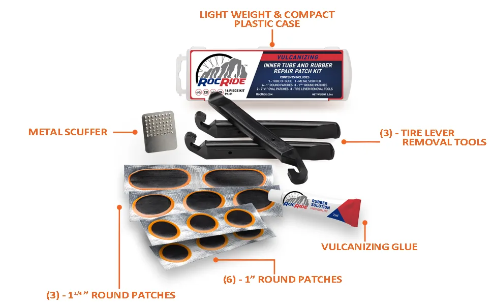 RocRide 16-PC Inner Tube Patch Bicycle Repair Kit. Also for Inflatable Dinghies, ATVs, BMX and Motorcycles. - RocRide Inner Tube Bicycle Patch Repair Kit