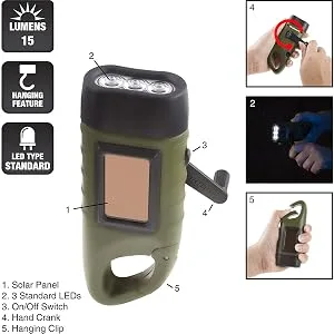 Solar Powered Hand Crank Flashlight- Rechargeable LED Cranking Light With Clip By Stalwart (For Emergency Hiking Camping and Survival Gear) - Solar Powered Hand Crank Flashlight
