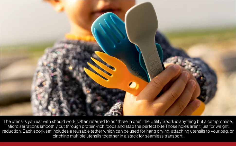 UCO Utility Spork 3-in-1 Combo Spoon-Fork-Knife Utensil, 2-Pack, Gold/Sky Blue Green/Charcoal - features