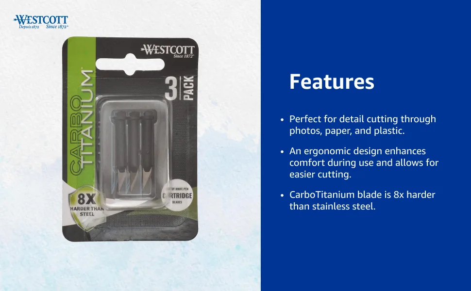 Westcott 17318 CarboTitanium Fine-Point Hobby Knife Blade Cartridges, 3 Pack Standard Cartridge - features