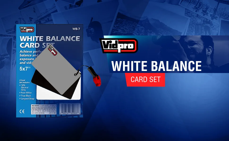 Vidpro White Balance 3 Card Set with Lanyard Strap 2"x3" Inch Grey, Black, White in Box - product information 1