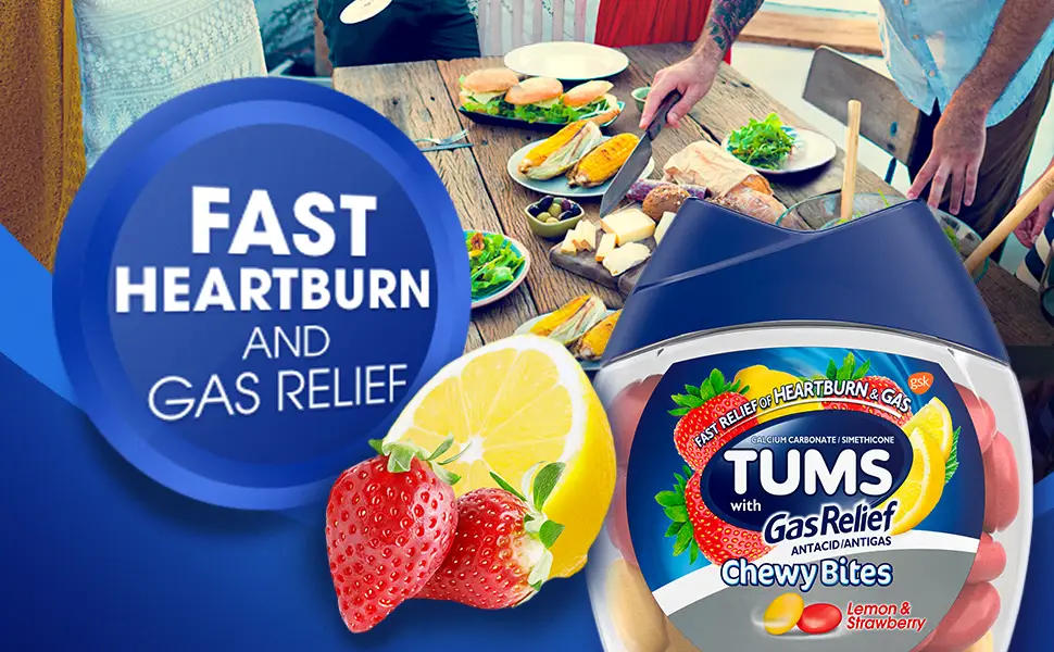 Antacid tablets Lemon & Strawberry 28 Count (Pack of 1) - TUMS Chewy Bites Extra Strength Assorted Berries