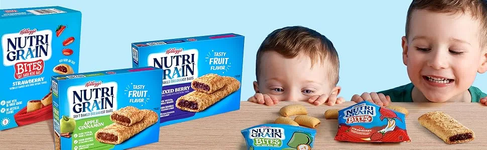 Nutri-Grain Soft Baked Breakfast Bars, Made with Whole Grains, Kids Snacks, Strawberry, 10.4oz Box (8 Bars) - Nutri-Grain product offering with children