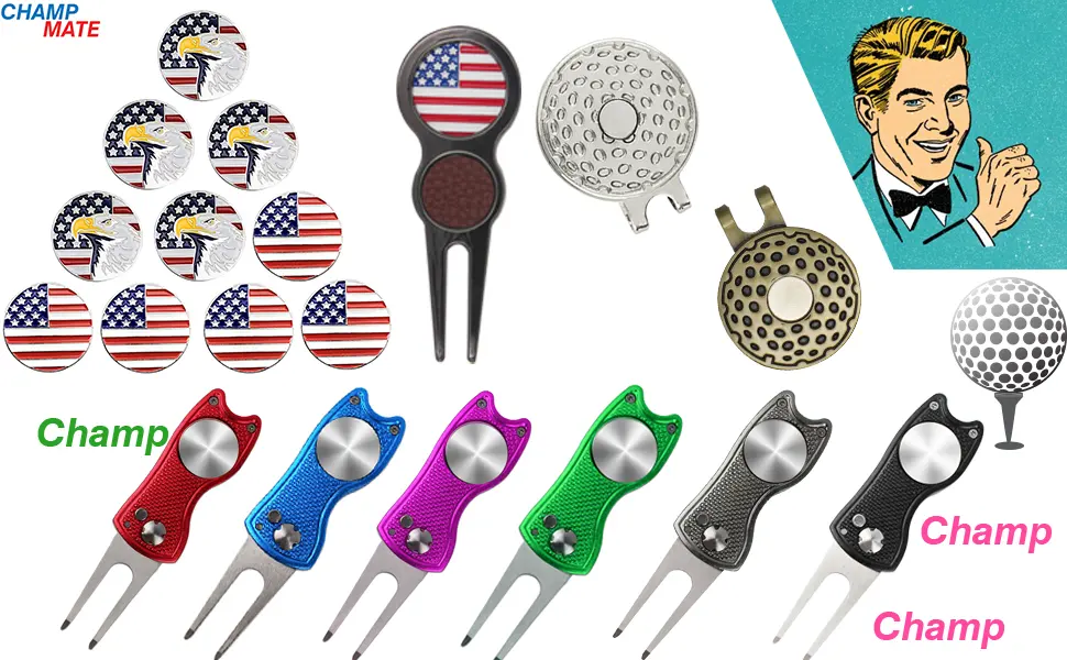 Champmate Golf Divot Tool, Stainless Steel Switchblade and Foldable Magnetic with USA Golf Ball Marker in 5 Designs Red USA Flag - product information 3