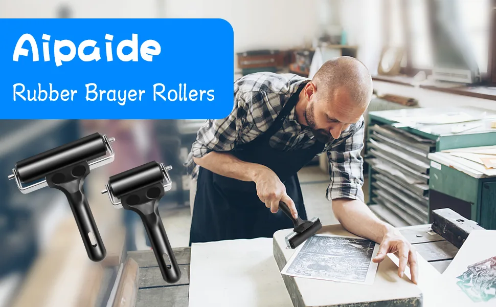 Aipaide 2 Pcs Rubber Glue Roller for Construction Tools, Printmaking, Ink Paint Block Stamping Brayers 3.8 and 2.2 Inch, Black Original Version - roller