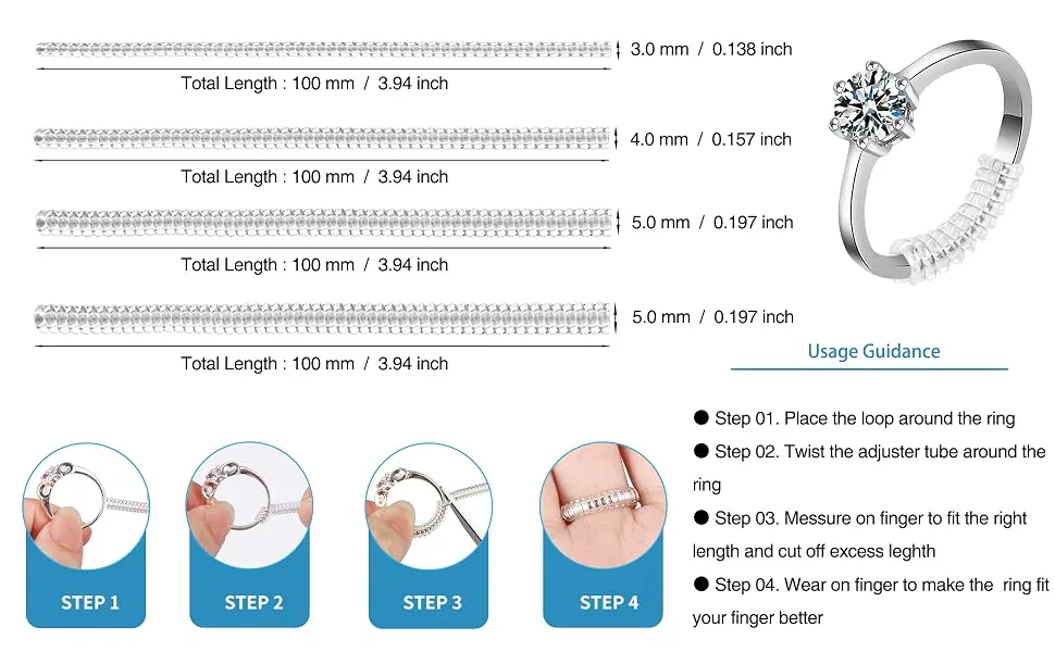 Ring Size Adjuster for Loose Rings, Multiple Size, Ring Sizer, Mandrel for Making Jewelry Guard, Resizer, Spacer, Spiral Silicone Tightener Set with Polishing Cloth - ring usage guidance