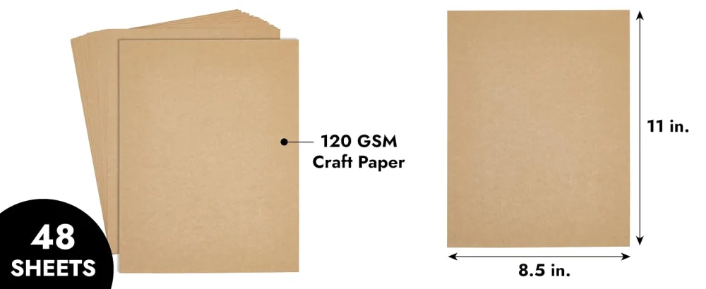 48 Sheets Brown Kraft Paper Material for Crafts, Party Invitations, Wedding, Letter Size (120 gsm, 8.5 x 11 In) - Infographic
