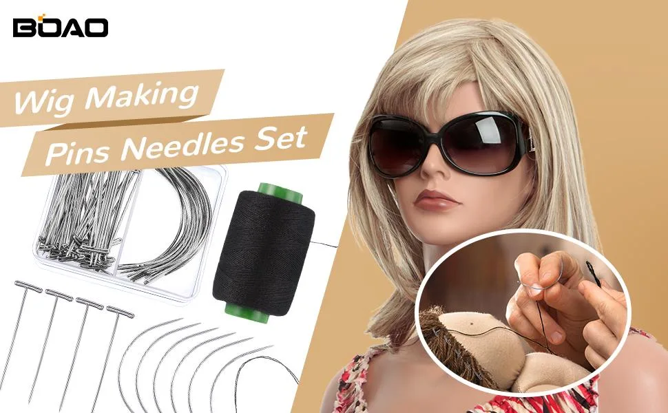 Boao 70 Pieces Wig Making Pins Needles Set, Wig T Pins and C Curved Needles with 328 Yard Thread for Wig Making, Blocking Knitting, Modelling and Crafts - product information 1