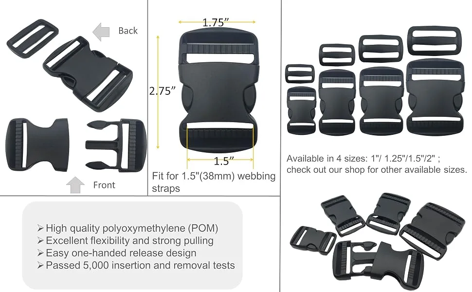 EesTeck 6 Set 1.5 Inch Flat Dual Adjustable Plastic Quick Side Release Plastic Buckles and Tri-Glide Slides for Luggage Straps Pet Collar Backpack Repairing (Black, Fit for 1.5/38mm Webbing Straps) 1.5"-6 Pack - product information 4