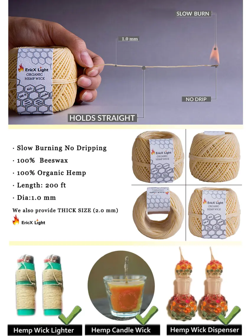 EricX Light Beeswax Hemp Wick,200 ft Spool,100% Organic Hemp Wick Well Coated with Beeswax,Standard Size(1.0mm) - product information 2