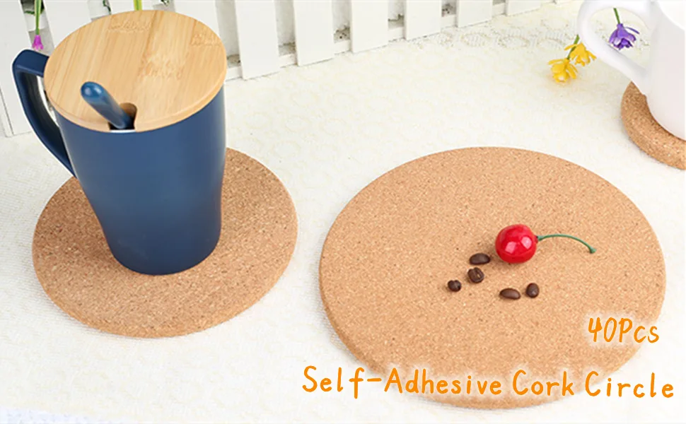 Self-Adhesive Cork Circle 40 PCS 4 Inch Diameter Cork Mats Cork Backing Sheets with Strong Adhesive-Backed for Coasters Wall Decor and DIY Crafts Round - product information 2