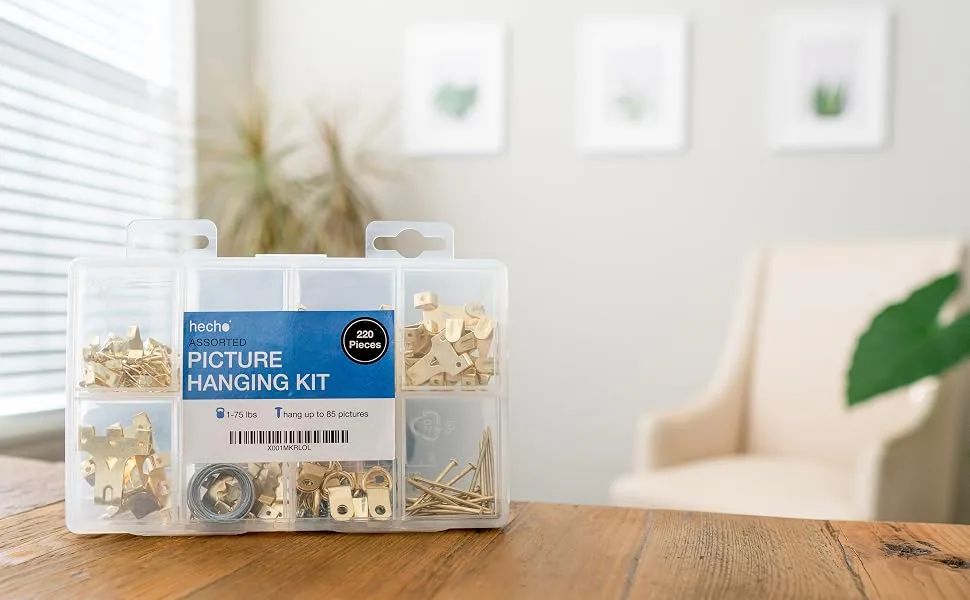 Assorted Picture Hanging Kit | 220 Piece Assortment with Wire, Picture Hangers, Hooks, Nails and Hardware for Frames - picture hanging kit