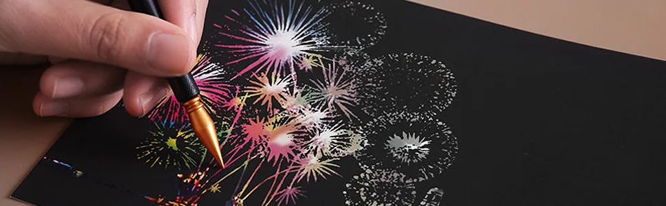 Magic Scratch Art Paper, Mini Envelope Postcard, Rainbow Night View Scratchboard for Adults and Kids, Art & Crafts Set: 8 Sheets Scratch Cards & 6 Tools Drawing Pen, Clean Brush (Gorgeous Fireworks) - Scratch Paper