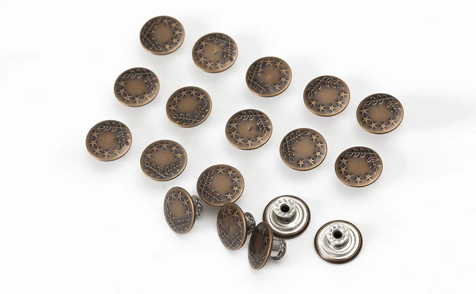 20 Sets 17mm Replacement Jeans Buttons Pants Metal Button Snap Denim Buttons Replacement Kit Suspender No Sew Buttons with Rivets metallic_17mm_5star2Leaves 0.67inch(17mm) - Jeans Buttons