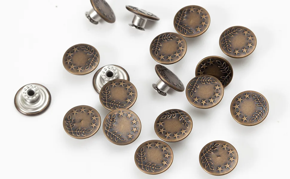 20 Sets 17mm Replacement Jeans Buttons Pants Metal Button Snap Denim Buttons Replacement Kit Suspender No Sew Buttons with Rivets metallic_17mm_5star2Leaves 0.67inch(17mm) - Jeans Buttons