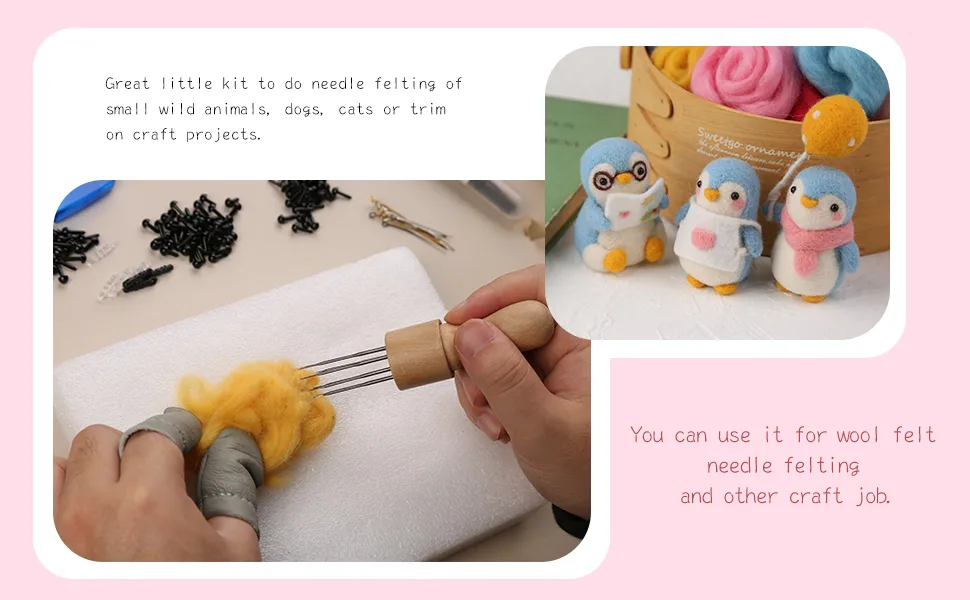 Felting Needle with Eight Needles Tool,Craft Wool Felt Stitch Punch Tool with Solid Wood Handle Felting Eight Needles Tool with Finger Cots 2 Pcs - Felting Needle