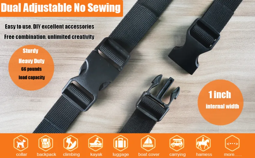 Buckle 1" Wide Inside, Quick Side Release Buckle for 1 inch/25mm Webbing Straps, Heavy Duty Plastic Buckles Dual Adjustable No Sewing Clips for Boat Cover Luggage Strap Pet Collar Backpack Replacement Black 2 Pack-s - Replacement Buckle