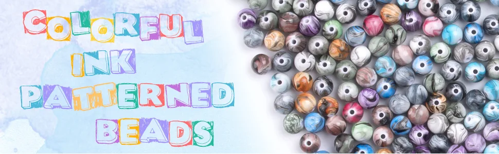 Quefe 500pcs Craft Beads for Jewelry Making, for Bracelets Making,Space Acrylic Beads in Ink Patterns with 50pcs Spacer Beads and Crystal String (8mm) - beads