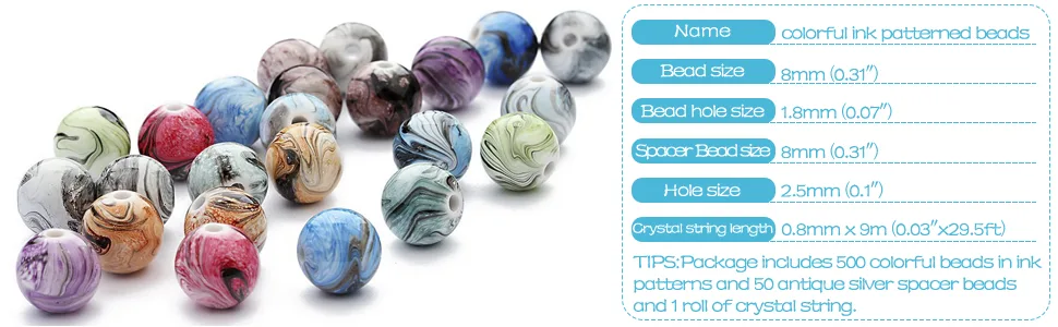 Quefe 500pcs Craft Beads for Jewelry Making, for Bracelets Making,Space Acrylic Beads in Ink Patterns with 50pcs Spacer Beads and Crystal String (8mm) - size