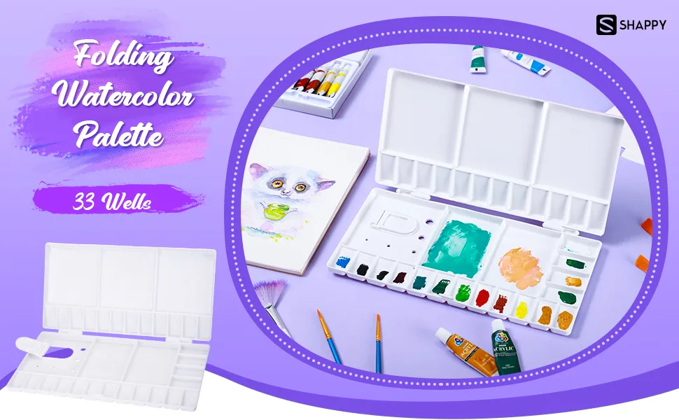 Watercolor Palette Folding Paint Tray Plastic Painting Pallet with 33 Compartments, Thumbhole and Brush Holders, White - product information 1