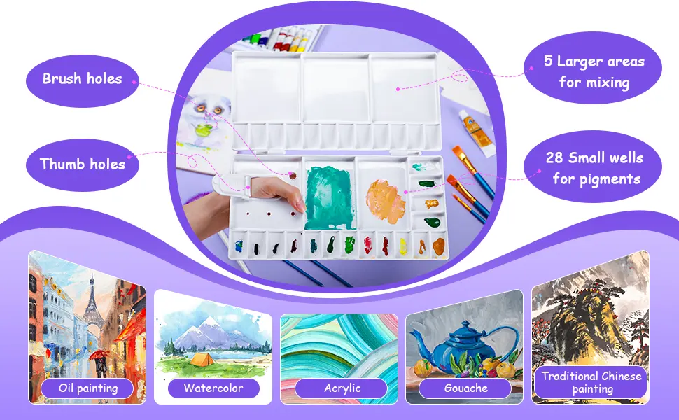 Watercolor Palette Folding Paint Tray Plastic Painting Pallet with 33 Compartments, Thumbhole and Brush Holders, White - product information 2