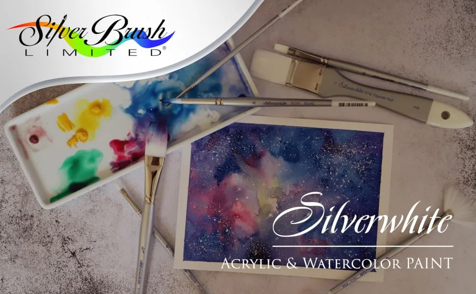 Silver Brush Limited 1506 Silverwhite Angular Brush, Watercolor, Acrylics, Gouache, or Oil Brush, Size 1/2 Inch, Long Handle Angular - Long Handle Size - 1/2 - Paintbrushes, art supplies, and a small painting next to the Silver Brush logo.