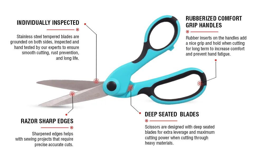 SINGER 00561 8-1/2-Inch ProSeries Heavy Duty Bent Sewing Scissors,Teal - fabric scissor key features