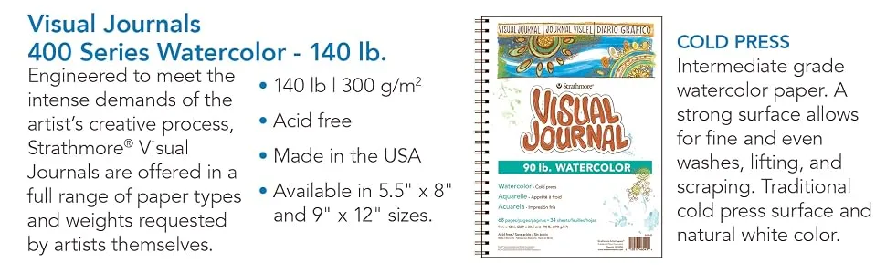 Strathmore 460-55 400 Series Visual Watercolor Journal, 140 LB Cold Press, 5.5"x8", 22 Sheets , White 5.5x8.5 Watercolor 140LB - Strathmore Visual Journals Watercolor 140 lb.