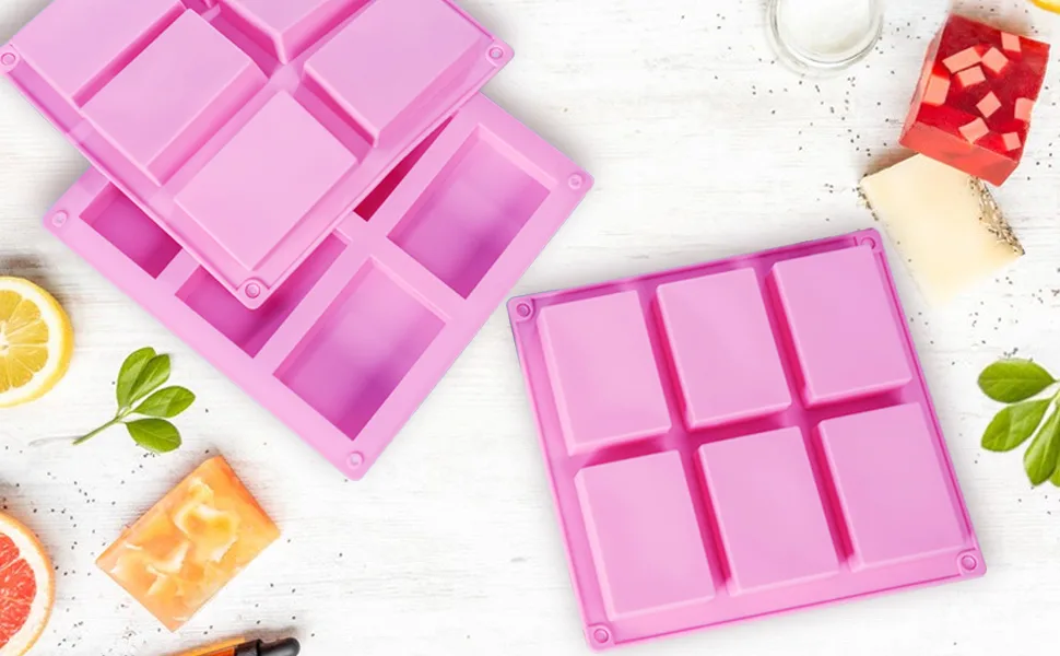 TDHDIKE 3 Pack Silicone Soap Molds(Blue & Pink & Green), 6 Cavities Silicone Baking Mold DIY Handmade Soap Making, Muffin, Loaf, Brownie, Cornbread and More - silicone soap molds