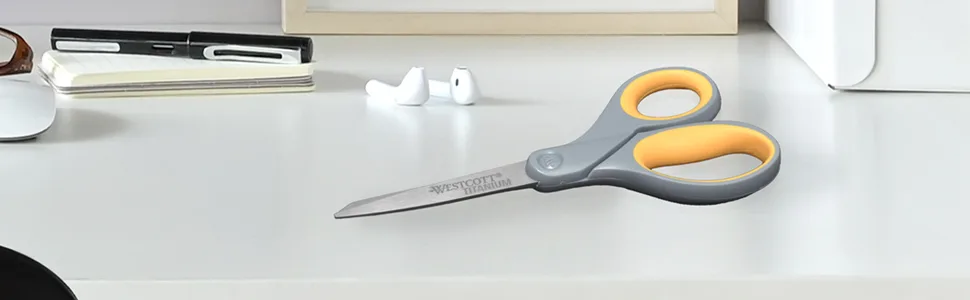 Westcott 13901 8-Inch Titanium Scissors For Office and Home, Yellow/Gray, 2 Pack - scissors, westcott scissors, all purpose scissors, popular scissors