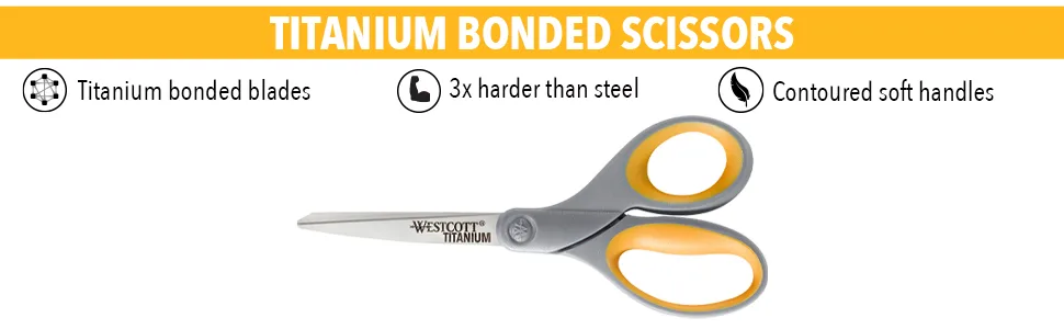Westcott 13901 8-Inch Titanium Scissors For Office and Home, Yellow/Gray, 2 Pack - westcott soft handle scissors