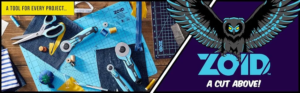 Zoid 45mm 5-Pk Rotary Refill, Cutting Wheel Blade Refills, Rotary Cutter Blades for Fabrics, Papers and Crafting Projects Rotary Refills 45mm 5-Pack - Assorted zoid tools on a wooden table. Zoid logo under an owl to the right, text reads