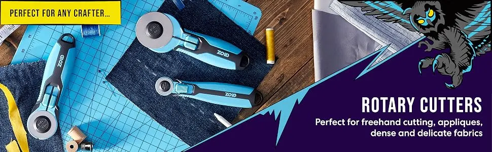 Zoid 45mm 5-Pk Rotary Refill, Cutting Wheel Blade Refills, Rotary Cutter Blades for Fabrics, Papers and Crafting Projects Rotary Refills 45mm 5-Pack - Multiple zoid rotary cutters on top of a fabric on a cutting mat