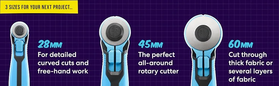 Zoid 45mm 5-Pk Rotary Refill, Cutting Wheel Blade Refills, Rotary Cutter Blades for Fabrics, Papers and Crafting Projects Rotary Refills 45mm 5-Pack - Three zoid rotary cutters on a purple backdrop. Each size is different: 28mm, 45mm, and 60mm.