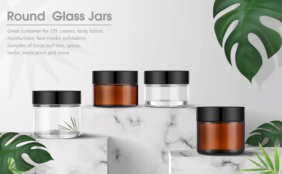 2 oz Glass Jars with Lids, Bumobum 3 pack Clear Small Jar with White Lids, Blank Labels & Inner Liners, 60 ml Empty Round Cosmetic Containers for Sample, Powder, Cream, Lotion, Spice - product information 1